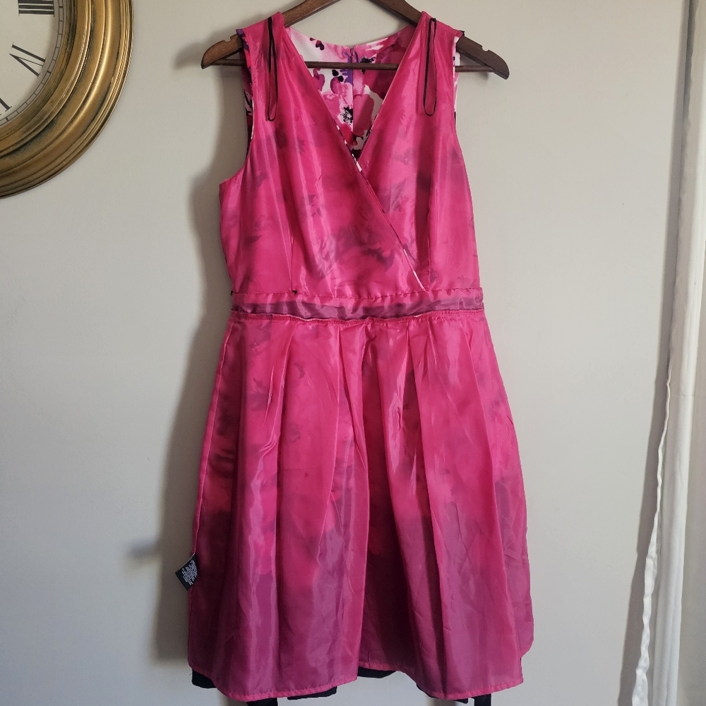 Chetta B‎ Pink Black Floral KneeLength Pleated Midi Dress Y2K Barbiecore Size 10 - Picture 12 of 13